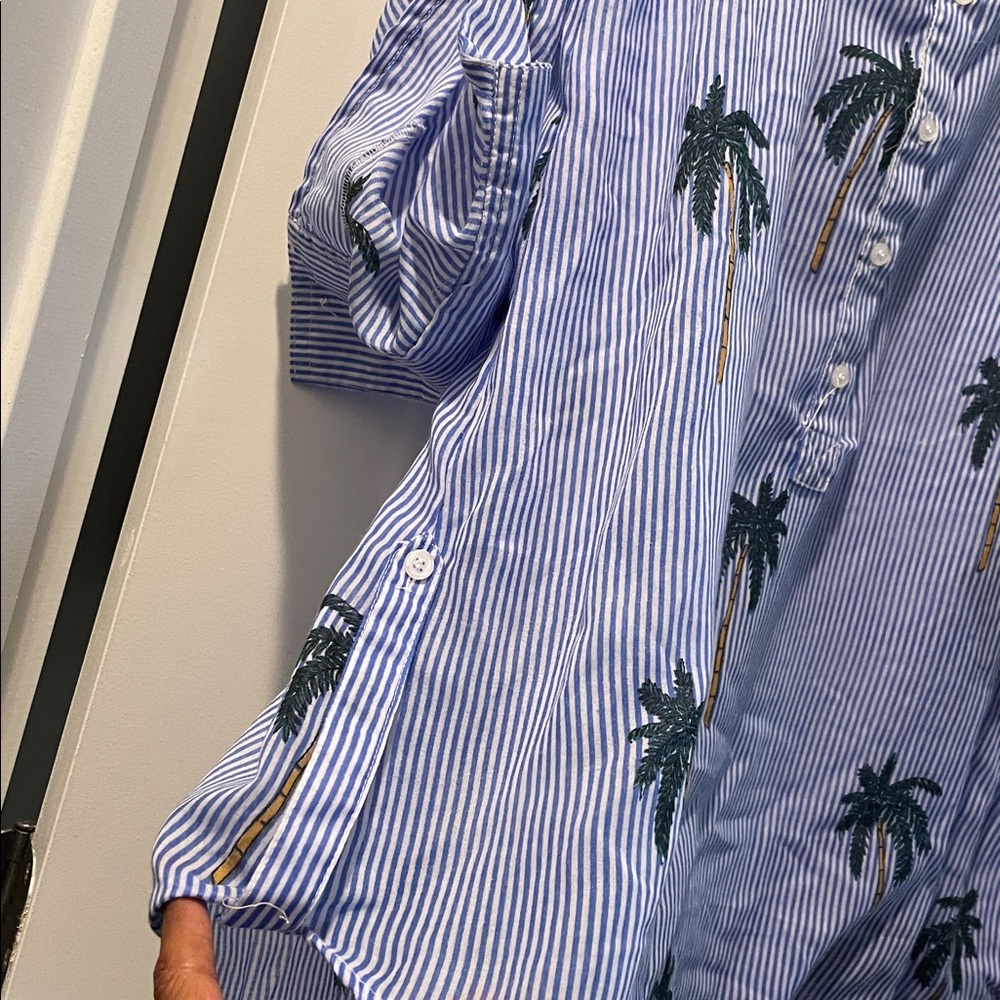Violet Sky Overshirt Coverup Tunic Size S Blue White Stripes Tropical Vacation - Picture 5 of 13